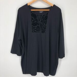 Catherines Shirt‎ Womens 2X Black Velvet Floral Detail Cutout Neck Stretch